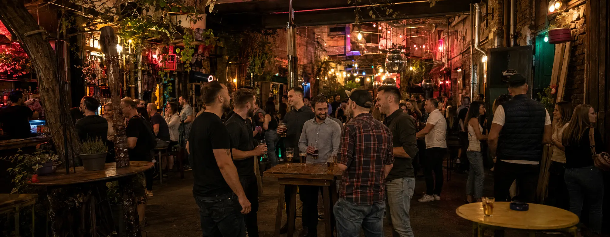 Budapest stag do group enjoying the nightlife in a busy ruin bar