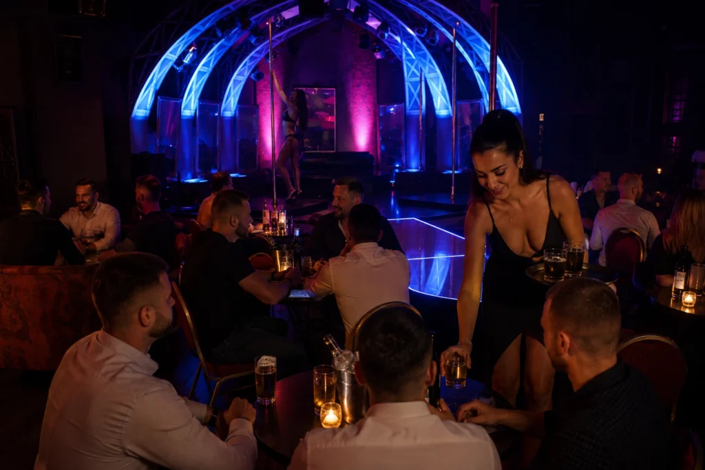 Budapest strip club with live entertainment and guests at night
