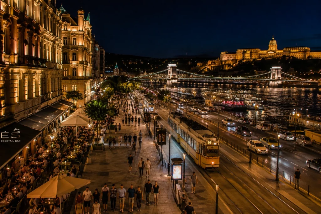 District V Budapest nightlife beside the Danube at night