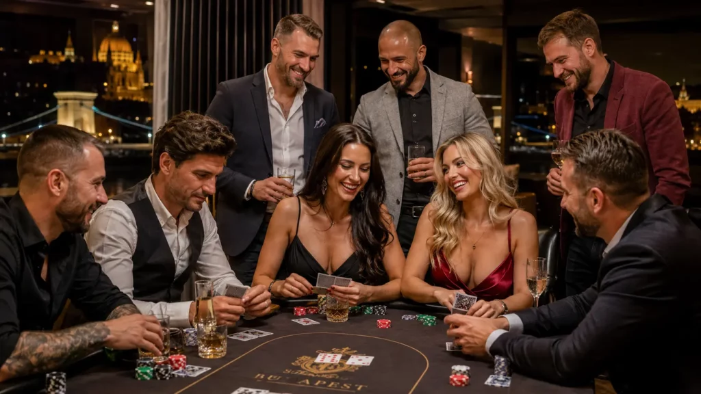 Strip poker in Budapest with two glamorous hostesses and a stag group