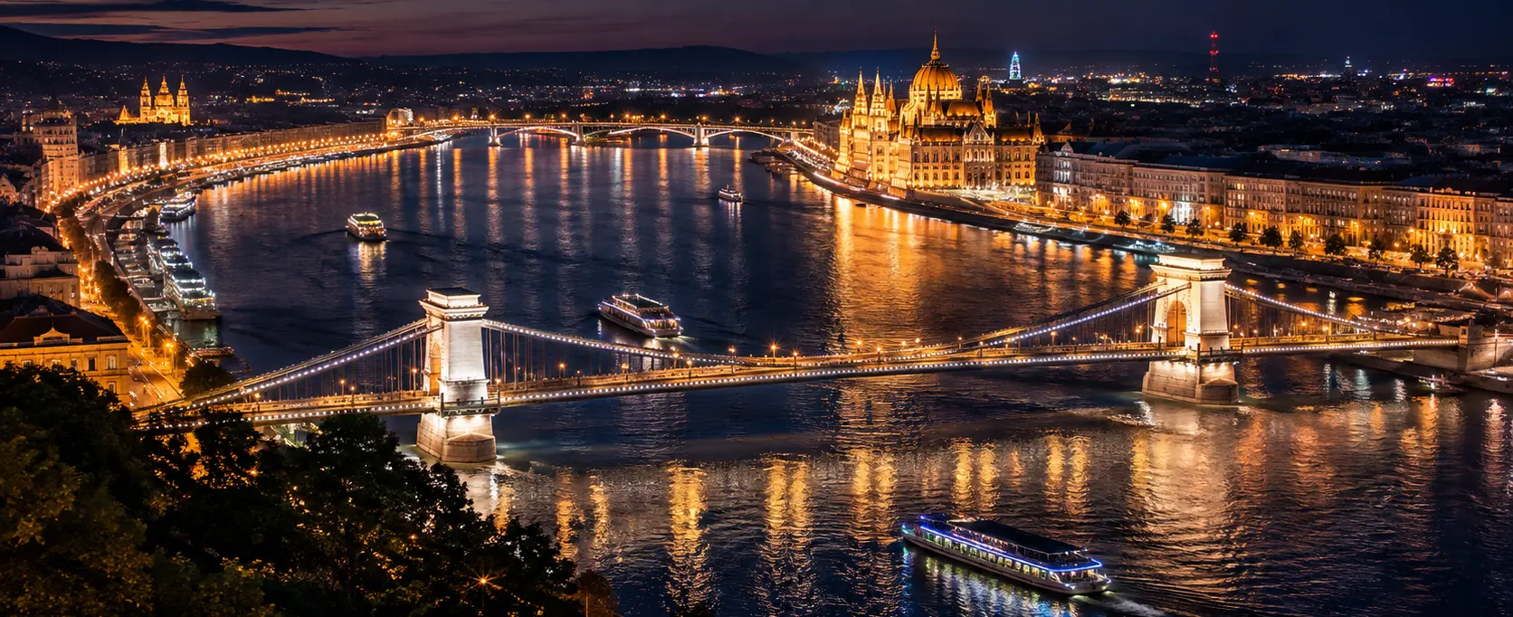 Budapest at night with the Danube and Chain Bridge during a stag weekend