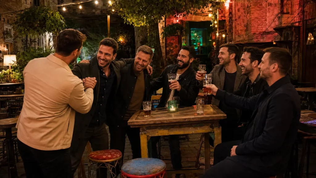 Stag group celebrating together in a Budapest ruin bar
