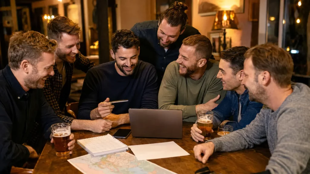 Best man planning a stag do with friends around a laptop