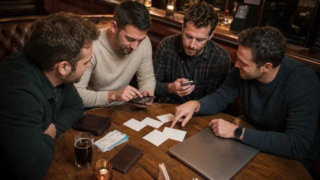 Friends calculating the budget and payments for a stag do