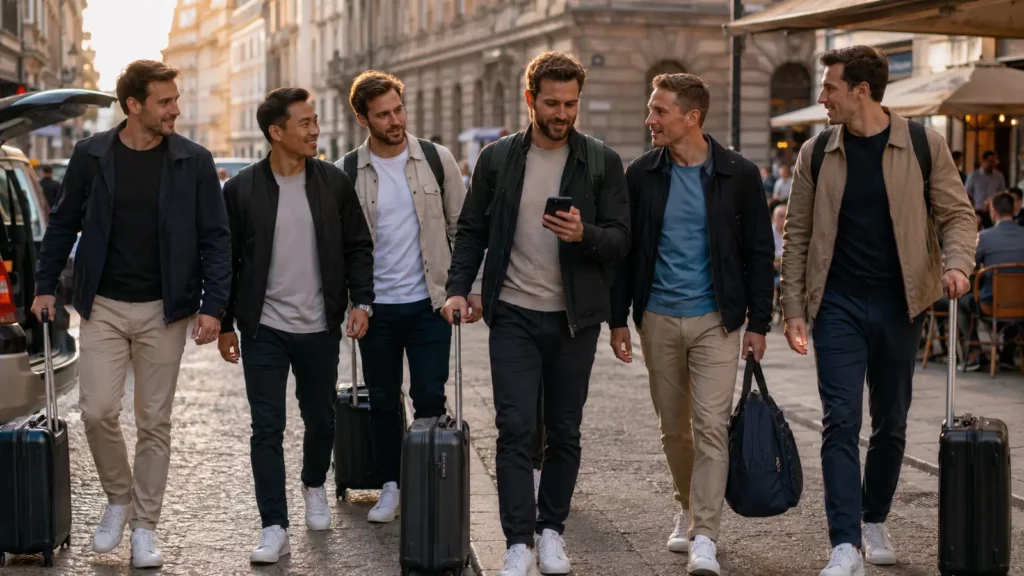 Stag group arriving together in a European city for their weekend